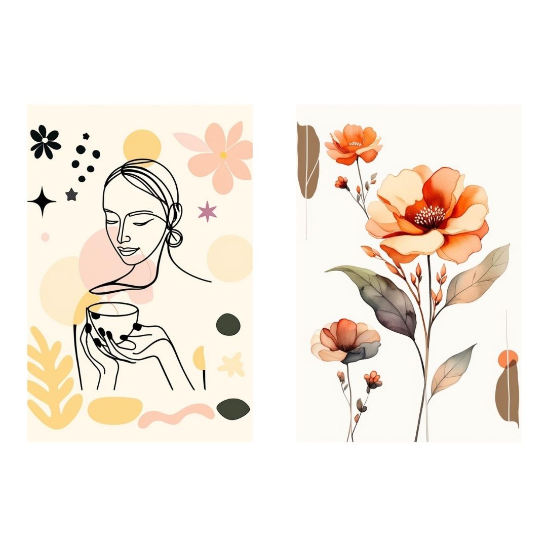 Contemporary Line Art Diptych (2 prints): one with a minimalist woman and cup, the other a watercolor Orange Floral Botanical. Ideal Bedroom Decor or Bohemian Living Room accent.