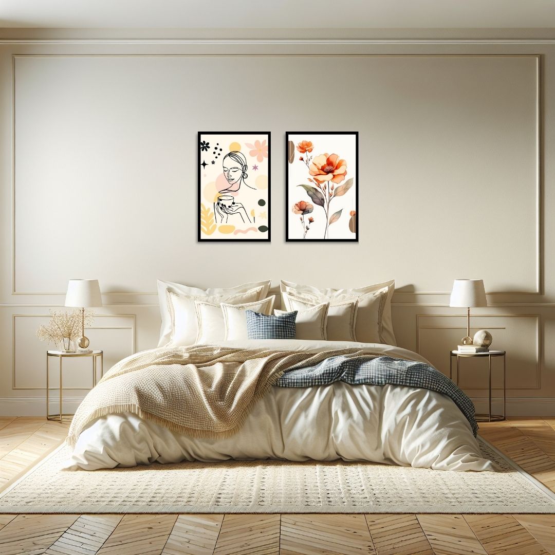 Contemporary Line Art Diptych (2 Framed prints): one with a minimalist woman and cup, the other a watercolor Orange Floral Botanical. Ideal Bedroom Decor or Bohemian Living Room accent.