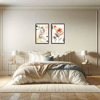 Contemporary Line Art Diptych (2 Framed prints): one with a minimalist woman and cup, the other a watercolor Orange Floral Botanical. Ideal Bedroom Decor or Bohemian Living Room accent.