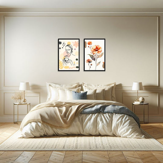Contemporary Line Art Diptych (2 Framed prints): one with a minimalist woman and cup, the other a watercolor Orange Floral Botanical. Ideal Bedroom Decor or Bohemian Living Room accent.
