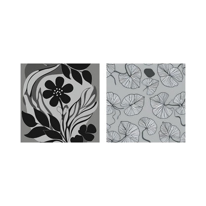 Monochromatic Botanical Diptych Wall Art Set (2 square prints) featuring Stylized Black and White Flower Illustration and a subtle moth/butterfly pattern. Ideal Minimalist or Modern Bedroom Decor.