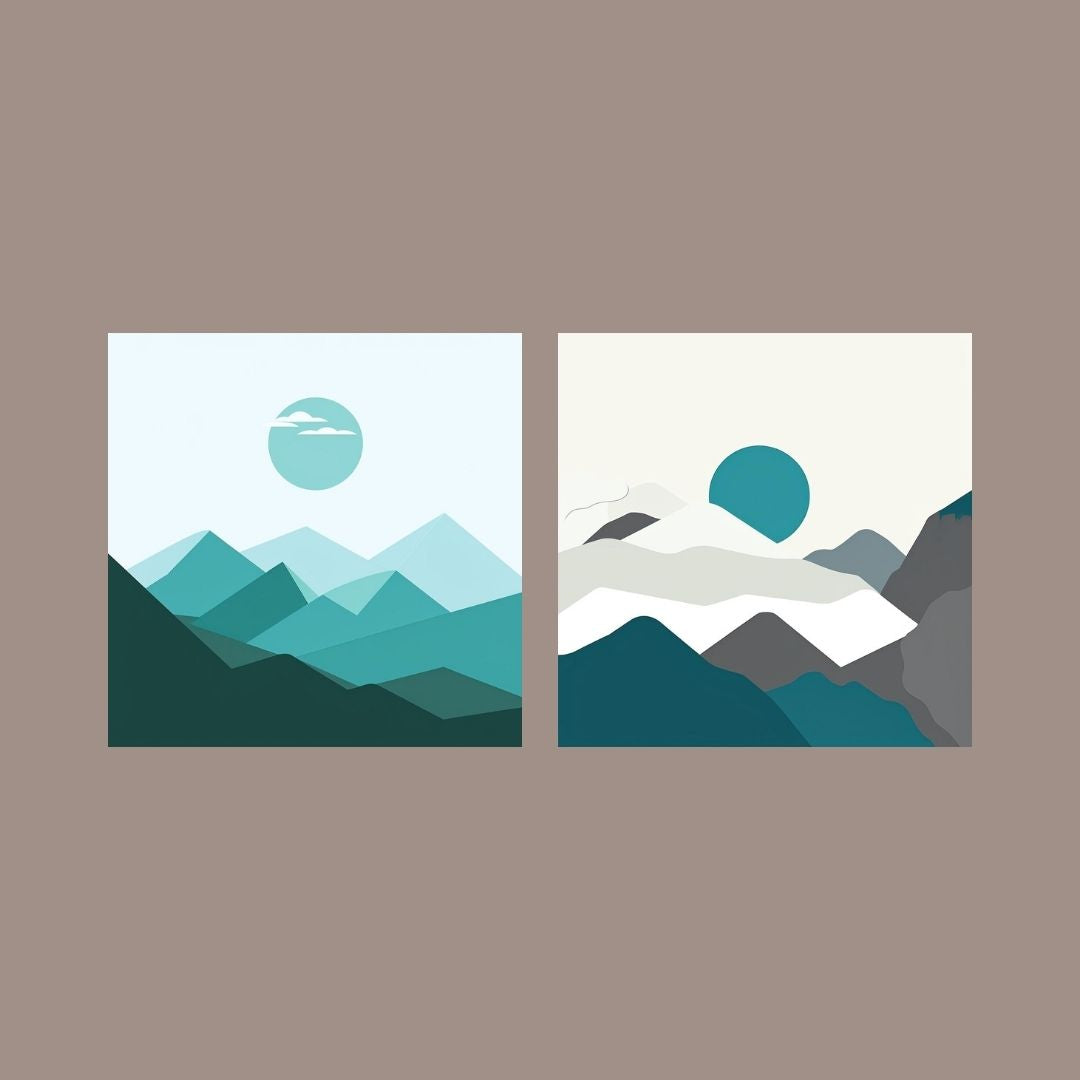Minimalist Geometric Landscape Diptych (2 square prints) featuring abstract Layered Mountains and sun in Teal, Gray, and White. Ideal Scandinavian or Modern Bedroom Decor.