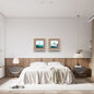 A minimalist, geometric landscape depicting a mountain range and moon, wall art frames by wall and more