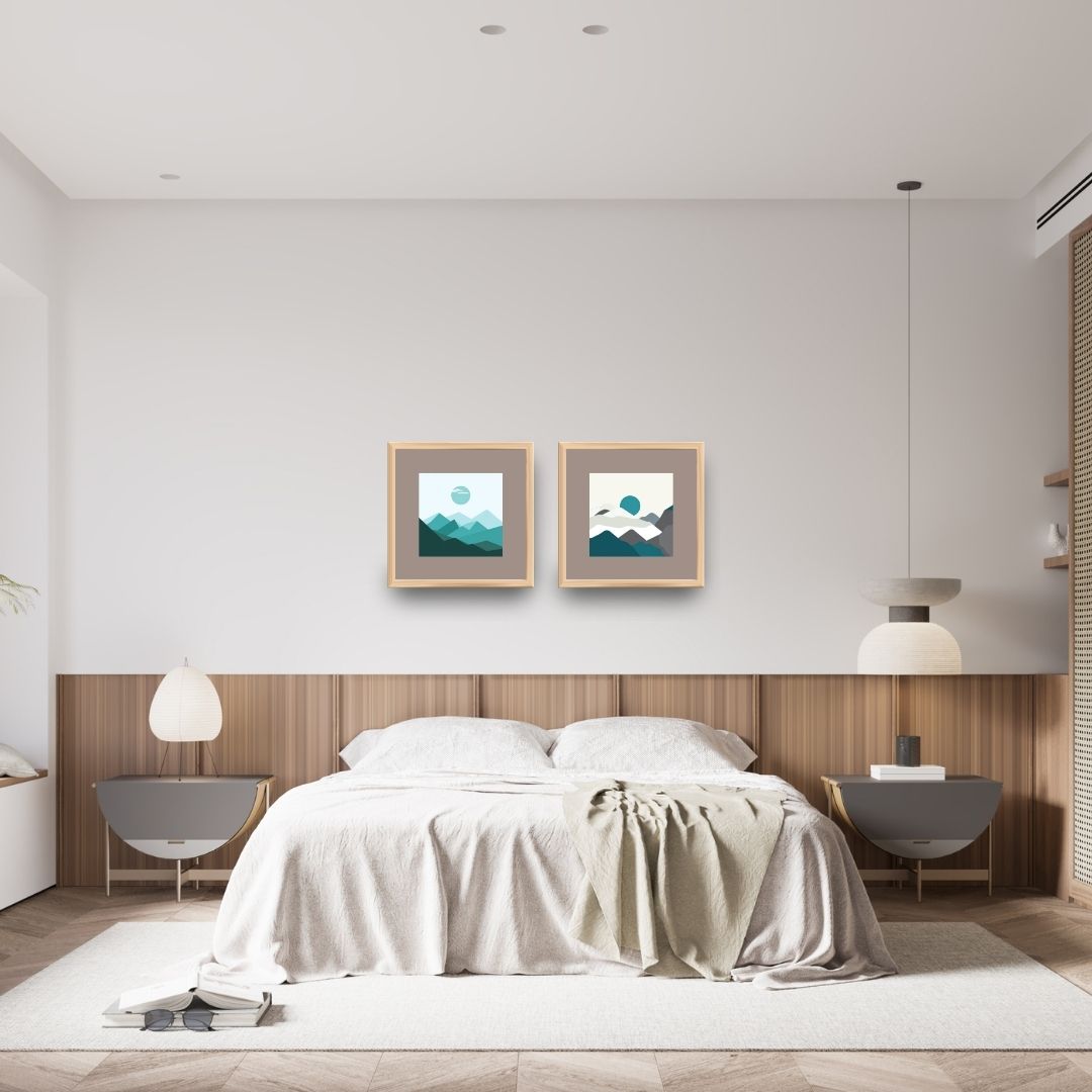 Minimalist Geometric Landscape Diptych (2 square framed prints) featuring abstract Layered Mountains and sun in Teal, Gray, and White. Ideal Scandinavian or Modern Bedroom Decor.