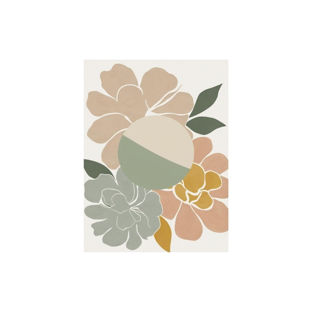 Contemporary Floral Wall Art print featuring stylized, abstract Flower Blooms in Sage Green, orange, and Peach. Ideal Bohemian Bedroom Decor or Modern Living Room.