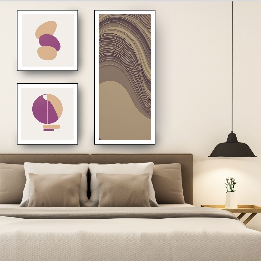Multi-color Abstract Art Set (3 framed prints) featuring minimalist colorful geometric shapes, including a long panel with Wavy Lines and two square panels with stacked forms. Ideal Modern Bedroom Decor.