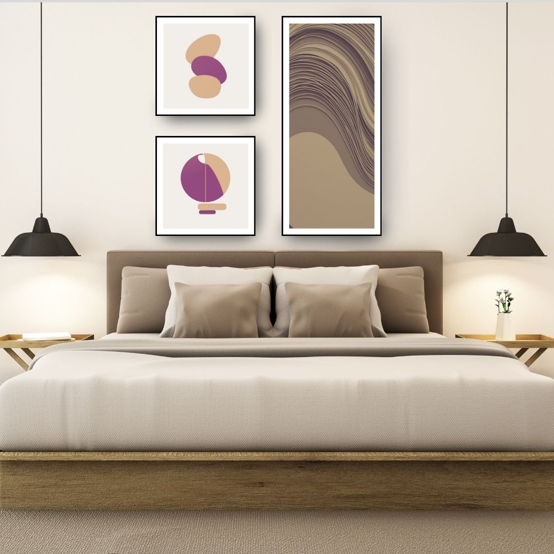 Multi-color Abstract Art Set (3 framed prints) featuring minimalist full color, and purple geometric shapes, including a long panel with Wavy Lines and two square panels with stacked forms. Ideal Modern Bedroom Decor.