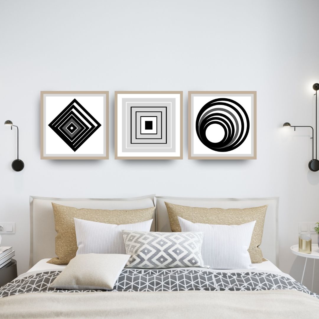 Monochromatic Optical Art Triptych Wall Art Set (3 prints) featuring bold geometric Op Art illusions with concentric squares, circles, and diamonds in black and white. Ideal Modern or Retro Bedroom Decor.