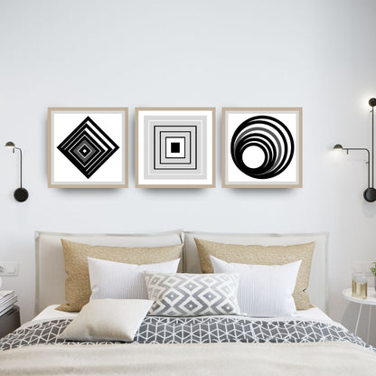 Monochromatic Optical Art Triptych Wall Art Set (3 prints) featuring bold geometric Op Art illusions with concentric squares, circles, and diamonds in black and white. Ideal Modern or Retro Bedroom Decor.