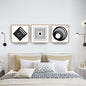 Monochromatic Optical Art Triptych Wall Art Set (3 prints) featuring bold geometric Op Art illusions with concentric squares, circles, and diamonds in black and white. Ideal Modern or Retro Bedroom Decor.