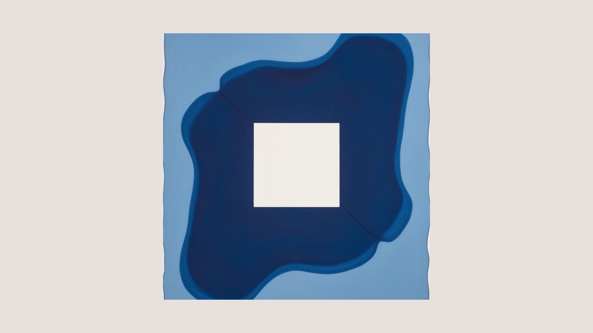 Minimalist Abstract Wall Art Set featuring geometric, layered shapes and central White Apertures in varying shades of Navy and Royal Blue. Ideal Modern Bedroom Decor.