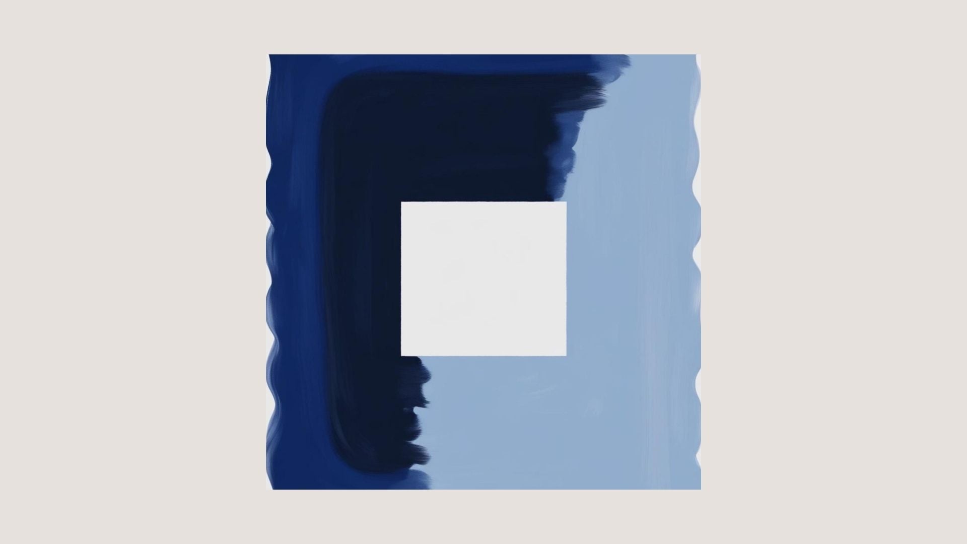 Minimalist Abstract Wall Art Set featuring geometric, layered shapes and central White Apertures in varying shades of Navy and Royal Blue. Ideal Modern Bedroom Decor.