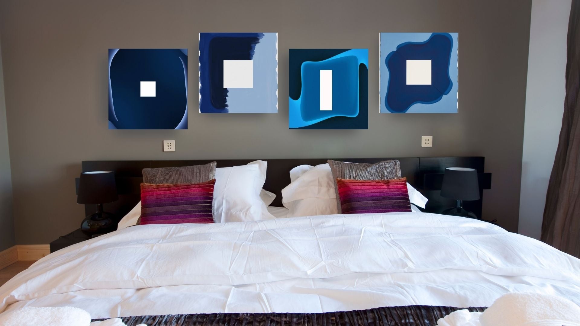 Minimalist Abstract Quadtych Wall Art Set (4 canvases) featuring geometric, layered shapes and central White Apertures in varying shades of Navy and Royal Blue. Ideal Modern Bedroom Decor.
