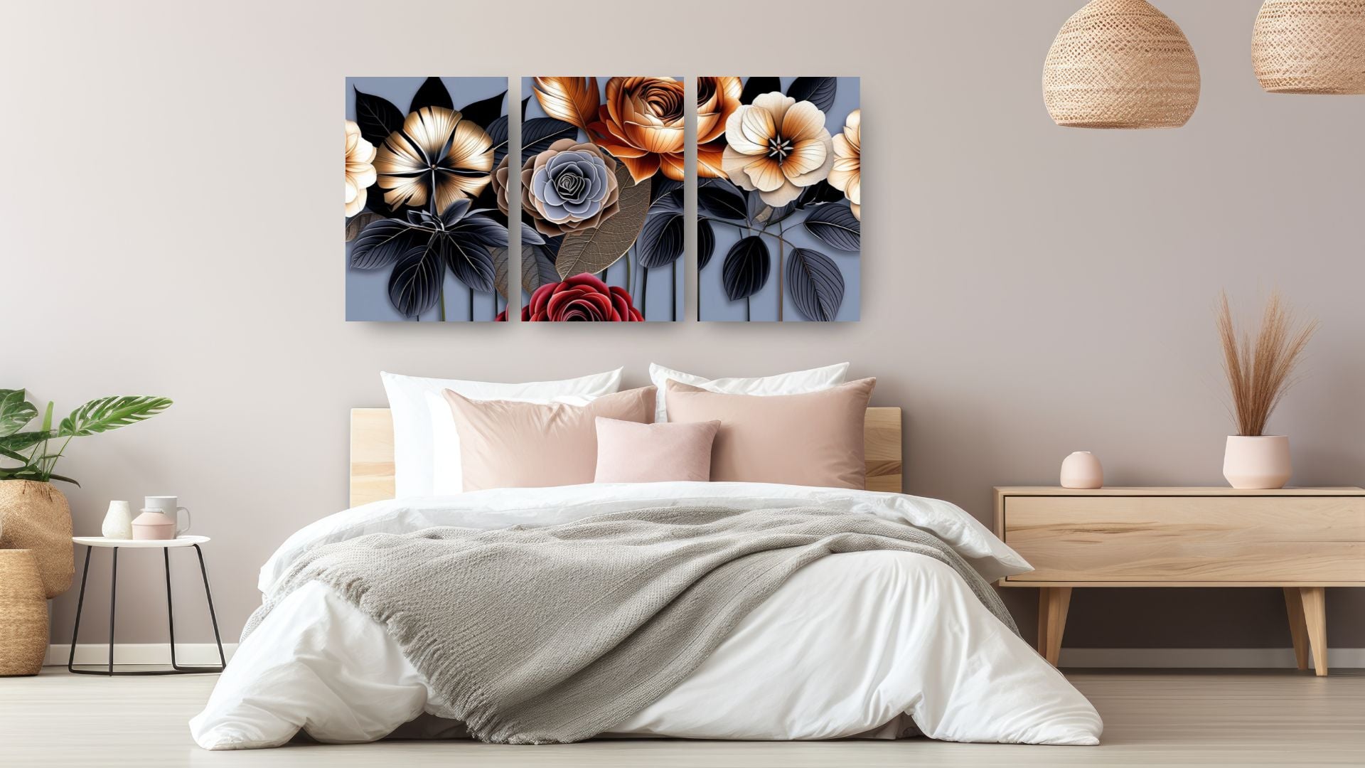 A collection of stylized flowers against a muted blue-gray background, wall art Canvas by wall and more