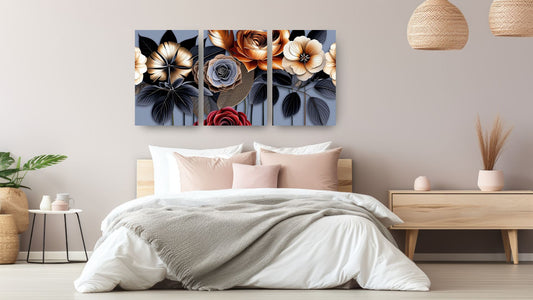 Minimalist Abstract Quadtych Wall Art Set (4 canvases) featuring geometric, layered shapes and central White Apertures in varying shades of Navy and Royal Blue. Ideal Modern Bedroom Decor.