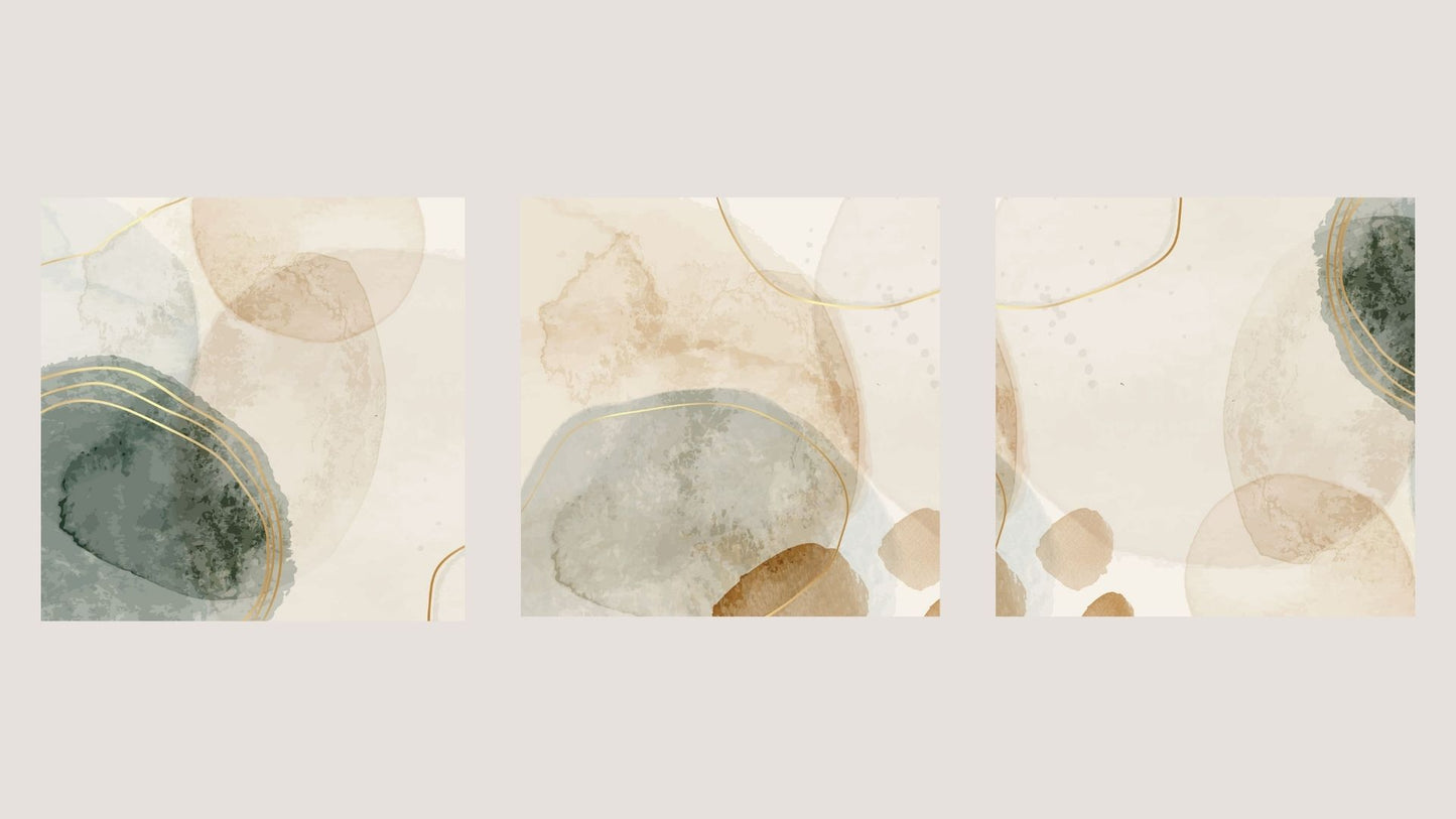 Tranquil Abstract Triptych Wall Art  featuring soft, overlapping Organic Shapes and washes of Sage Green and Beige Watercolor effects. Ideal Minimalist Bedroom or Bohemian Living Room Decor.