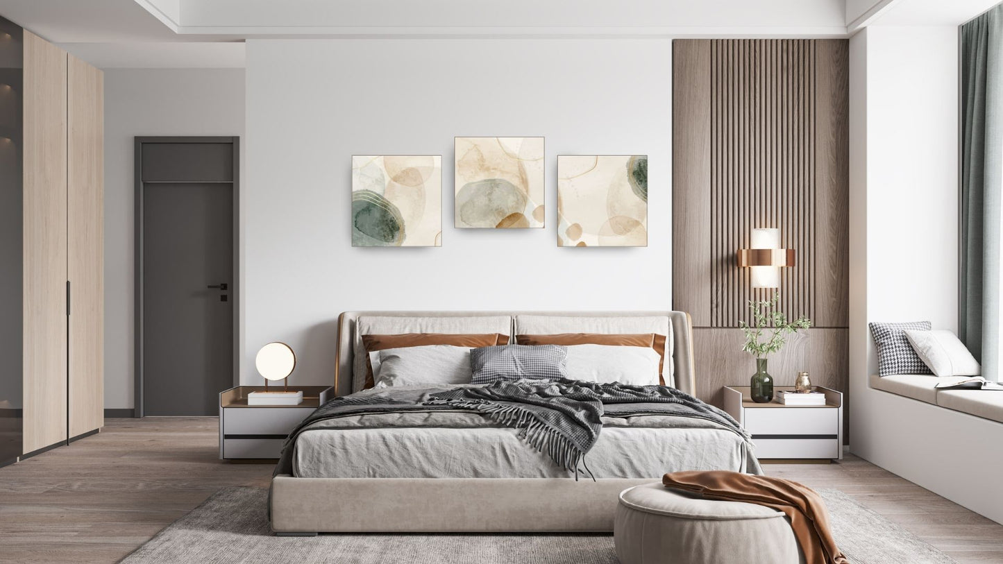 Tranquil Abstract Triptych Wall Art Set (3 prints) featuring soft, overlapping Organic Shapes and washes of Sage Green and Beige Watercolor effects. Ideal Minimalist Bedroom or Bohemian Living Room Decor.