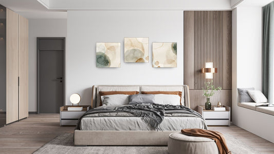Tranquil Abstract Triptych Wall Art Set (3 prints) featuring soft, overlapping Organic Shapes and washes of Sage Green and Beige Watercolor effects. Ideal Minimalist Bedroom or Bohemian Living Room Decor.