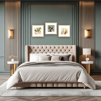 Abstract Botanical Triptych Wall Art Set (3 prints) featuring Pink Roses in a Vase, stylized Green Leaves, and Gold Feather/Leaf accents. Ideal Shabby Chic, Transitional, or Bedroom Decor.