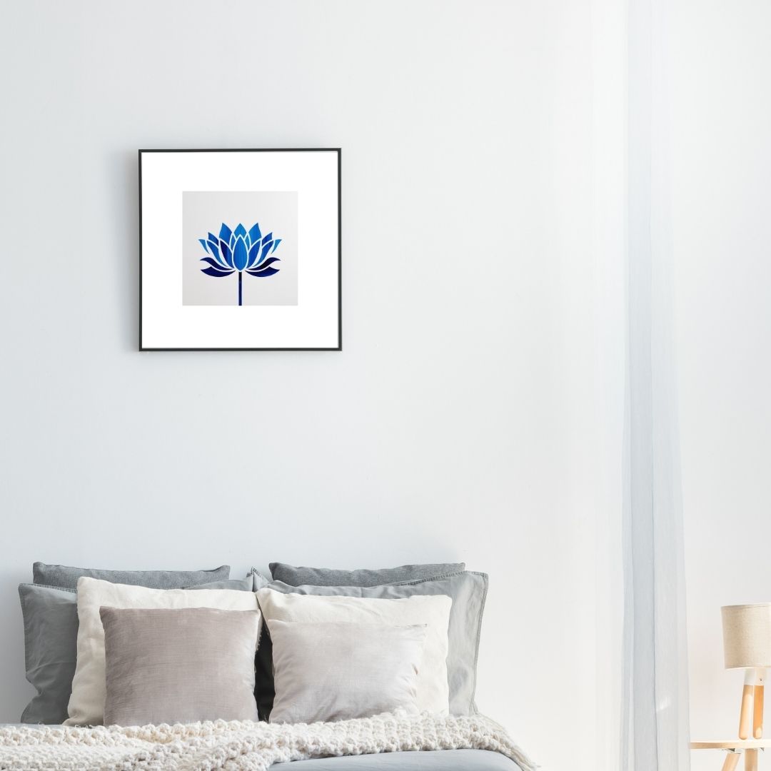 Square framed Minimalist Geometric Wall Art print featuring a stylized, symmetrical Blue Lotus Flower. Ideal Zen, Spa, Yoga Studio, or Modern Bedroom Decor accent.