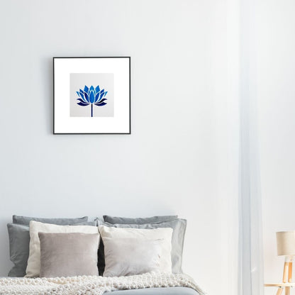 Square framed Minimalist Geometric Wall Art print featuring a stylized, symmetrical Blue Lotus Flower. Ideal Zen, Spa, Yoga Studio, or Modern Bedroom Decor accent.