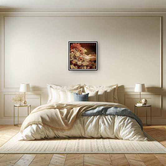 Square framed Vintage Floral Wall Art print featuring an autumnal bouquet of Sunflowers and Blooms rendered in moody, warm hues of Burgundy, Gold, and Brown. Ideal Traditional or Farmhouse Decor.