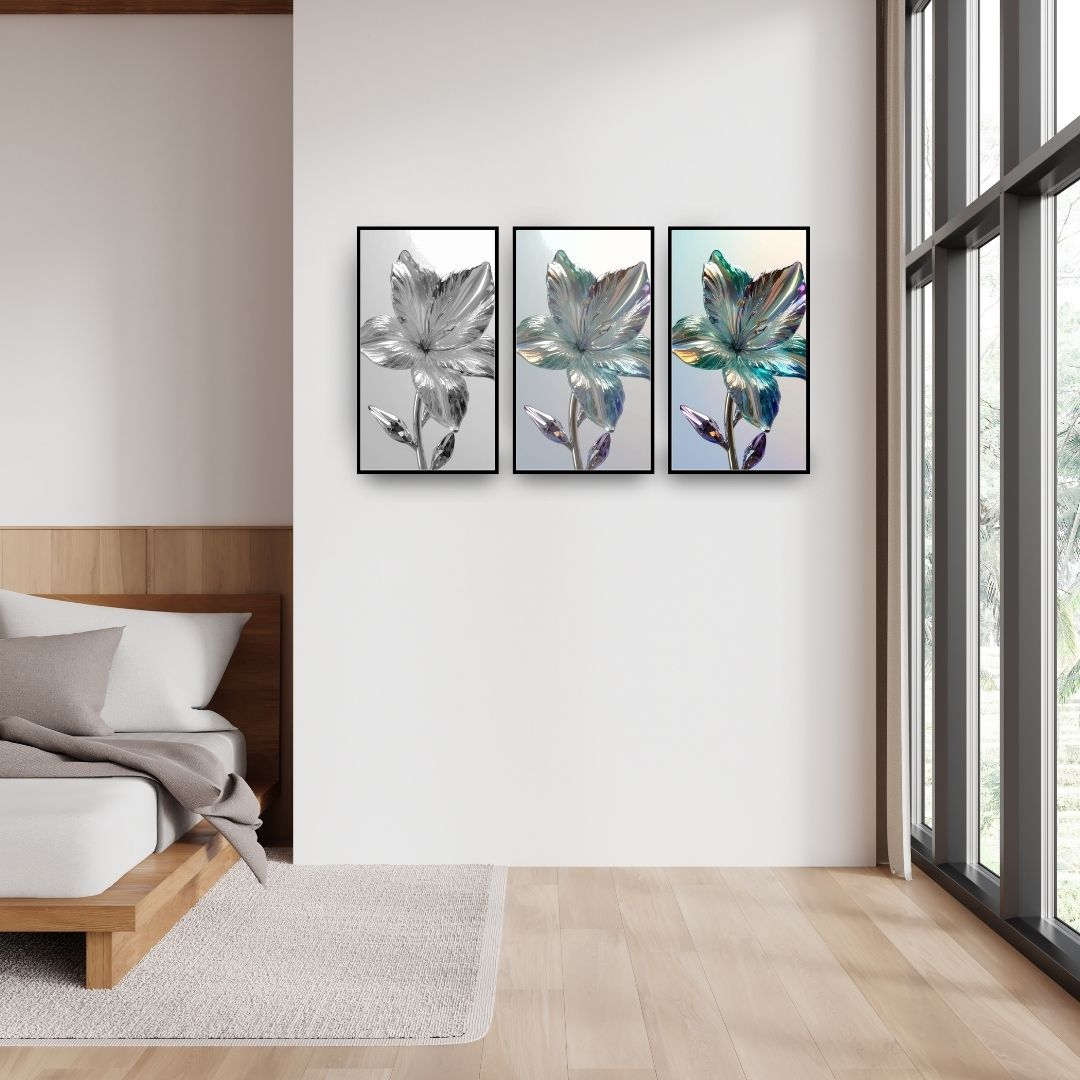Iridescent Botanical Triptych Wall Art Set (3 framed prints) featuring abstract Semi-Transparent Flowers with a glass-like texture, shifting from black/white to vibrant Teal and Green hues. Ideal Modern or Luxury Bedroom Decor.
