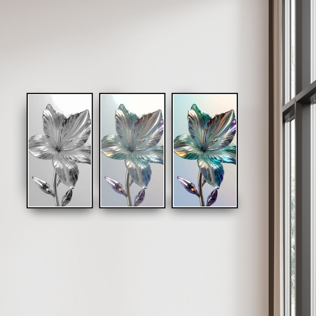 Iridescent Botanical Triptych Wall Art Set (3 framed prints) featuring abstract Semi-Transparent Flowers with a glass-like texture, shifting from black/white to vibrant Teal and Green hues. Ideal Modern or Luxury Bedroom Decor.