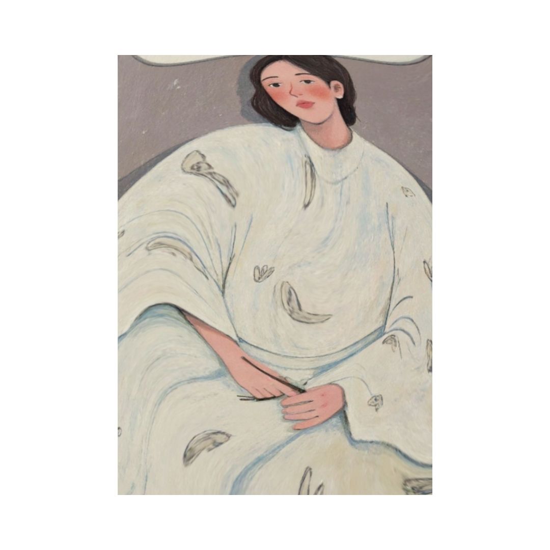 Vertical Stylized Figurative Wall Art of a woman in a feather-patterned white dress, featuring a Soft, Muted Color Palette. Ideal Contemporary, Naive Art, or Minimalist Bedroom Decor.