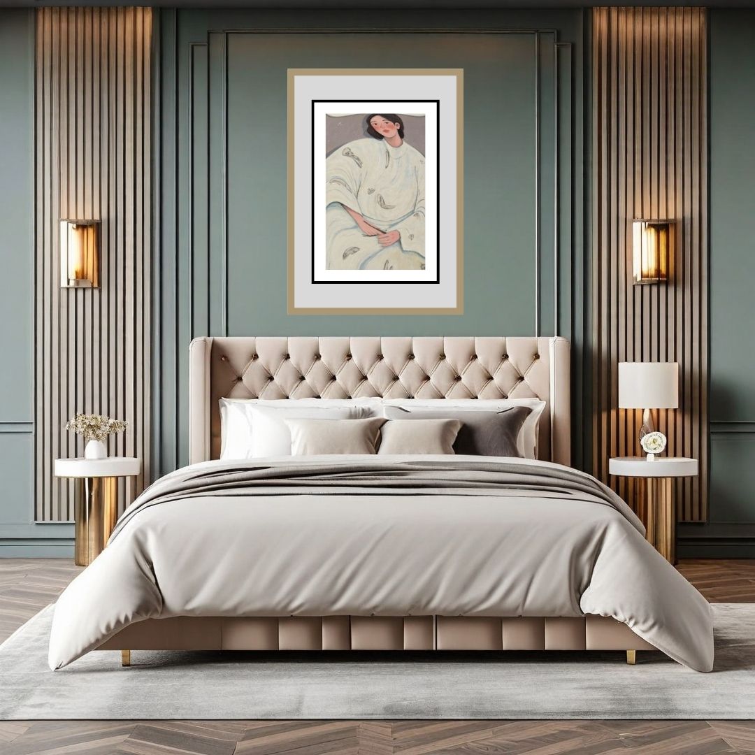 Vertical framed Stylized Figurative Wall Art print of a woman in a feather-patterned white dress, featuring a Soft, Muted Color Palette. Ideal Contemporary, Naive Art, or Minimalist Bedroom Decor.