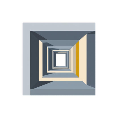Square Striking Geometric Abstract Wall Art creating an illusion of Converging Depth using concentric squares in gray, white, and muted yellow. Ideal Modern, Minimalist, or bed room Decor.