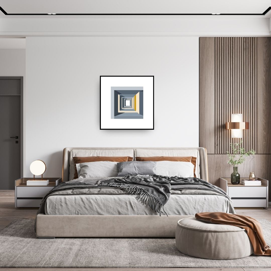 Square framed Striking Geometric Abstract Wall Art print creating an illusion of Converging Depth using concentric squares in gray, white, and muted yellow. Ideal Modern, Minimalist, or bed room Decor.