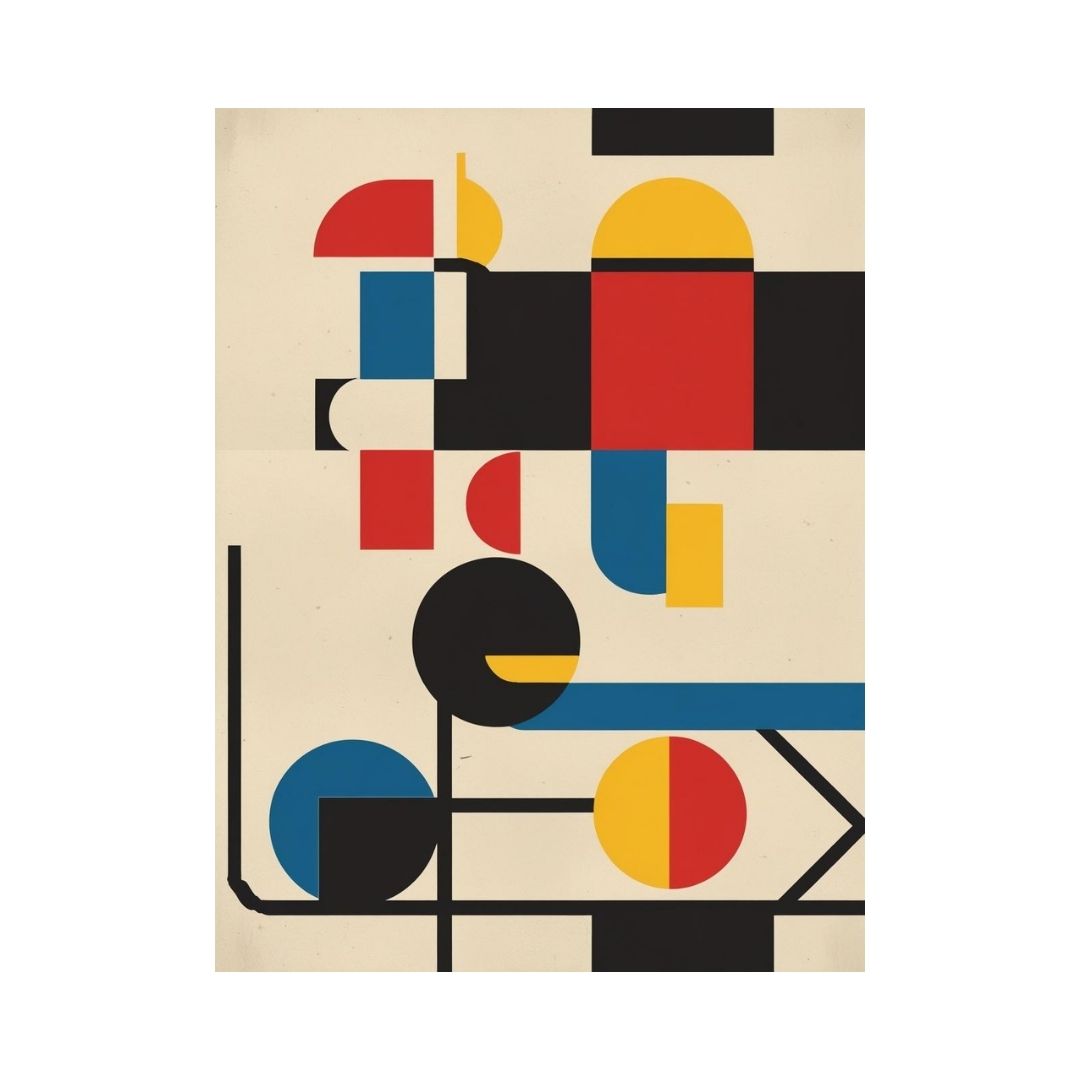 Vertical Bauhaus Style Geometric Abstract Wall Art  featuring interlocking shapes and lines in Primary Colors (Red, Yellow, Blue, and Black). Ideal Mid-Century Modern or Contemporary Decor.