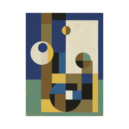 Vertical Bauhaus Style Geometric Abstract Wall Art featuring interlocking and overlapping circles and rectangles in Primary Colors (Blue, Yellow, Brown, White). Ideal Mid-Century Modern or Contemporary Decor.