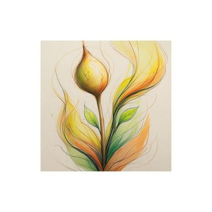 Vertical Lyrical Botanical Abstract art featuring a stylized flower/sprout in glowing Yellow, Orange, and Lime Green tones with expressive, sketch-like lines. Ideal Zen, Bohemian, or Modern Bedroom Decor.
