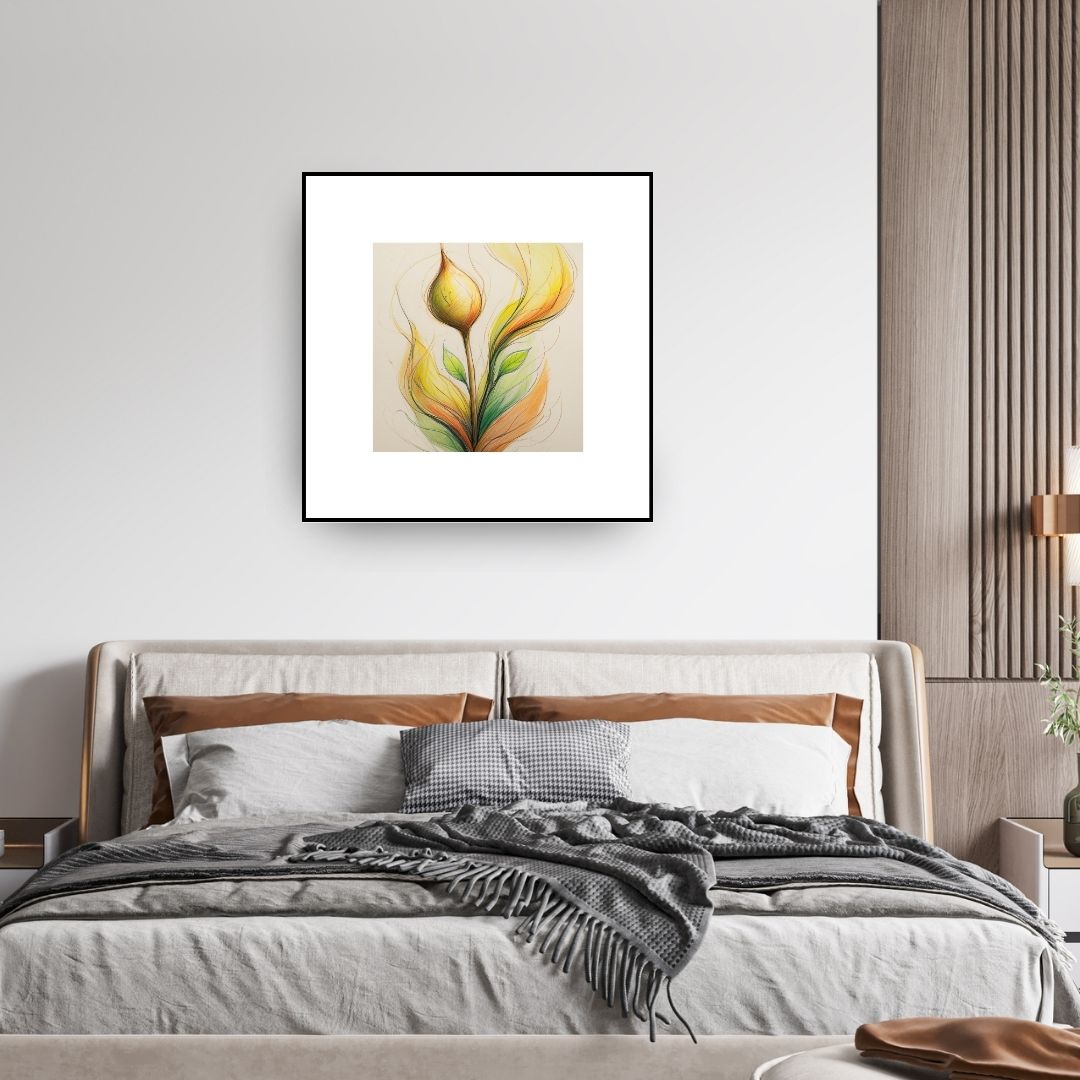 Vertical framed Lyrical Botanical Abstract print featuring a stylized flower/sprout in glowing Yellow, Orange, and Lime Green tones with expressive, sketch-like lines. Ideal Zen, Bohemian, or Modern Bedroom Decor.