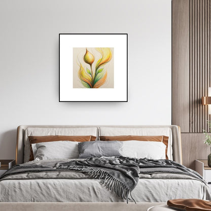 Vertical framed Lyrical Botanical Abstract print featuring a stylized flower/sprout in glowing Yellow, Orange, and Lime Green tones with expressive, sketch-like lines. Ideal Zen, Bohemian, or Modern Bedroom Decor.