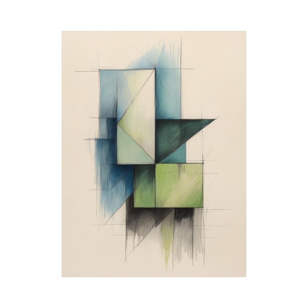Abstract geometric art with blue, green, and black shapes on a beige background