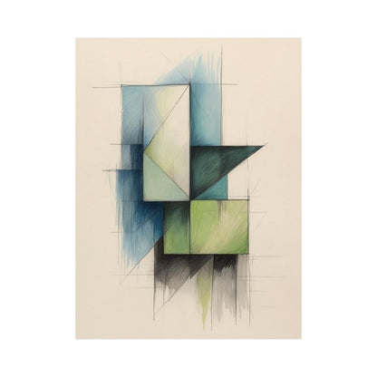 Abstract geometric art with blue, green, and black shapes on a beige background