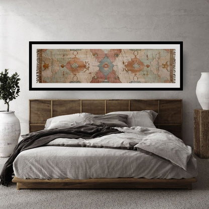 Horizontal panoramic canvas print featuring a faded Antique Berber Rug Pattern with geometric designs in Bohemian/Vintage style, using soft pink, teal, and terracotta colors. Ideal Above-Bed Decor or Boho Living Room Accent.