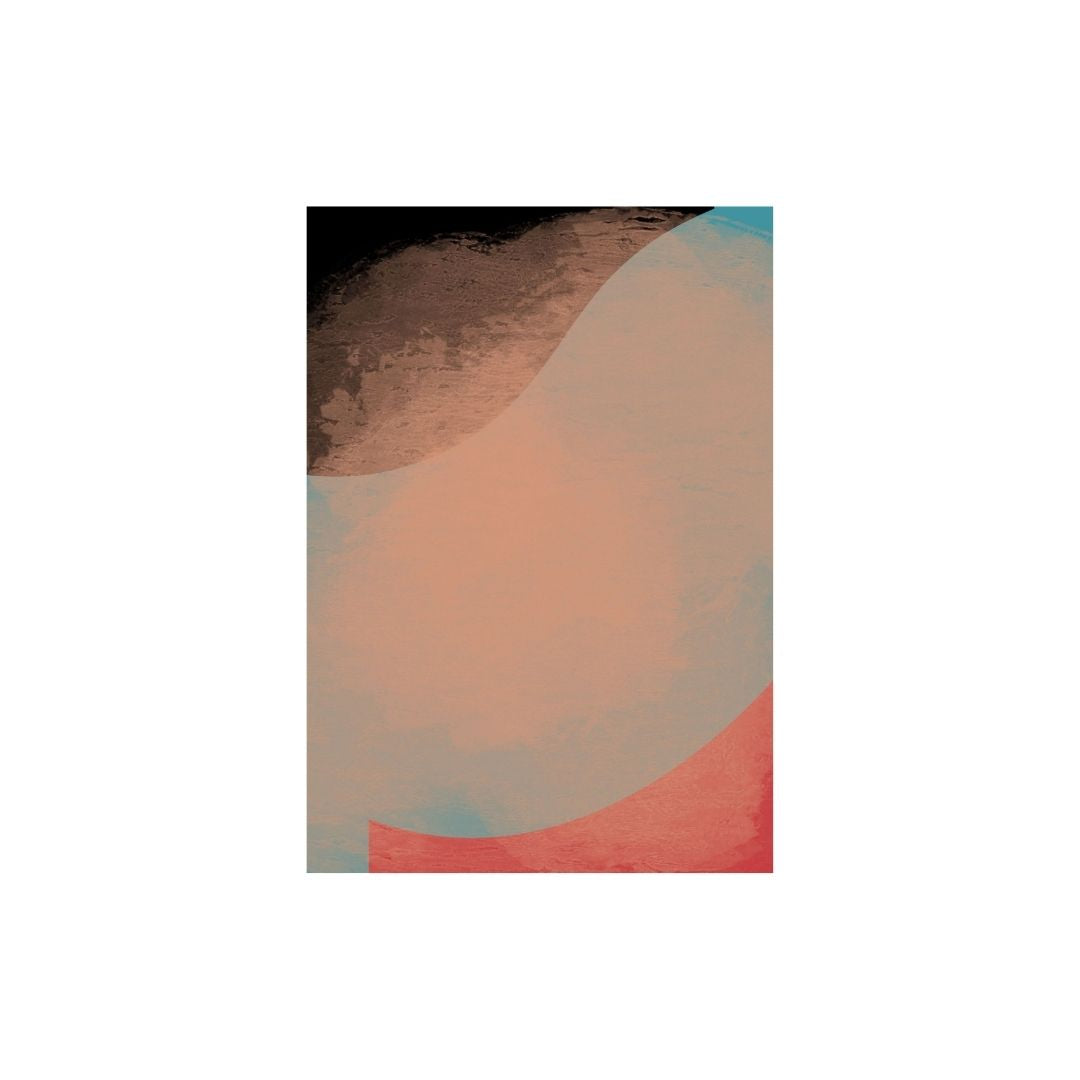 Abstract art with a large curved shape in shades of brown, beige, and red on a white background
