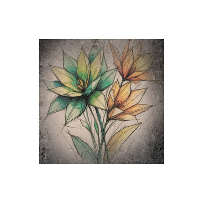 Square Abstract Botanical Wall Art featuring a bouquet of flowers with Pointed Geometric Petals in Yellow, Orange, and Green against a dark, textured-like background. Ideal Bohemian or Eclectic Bedroom Decor.