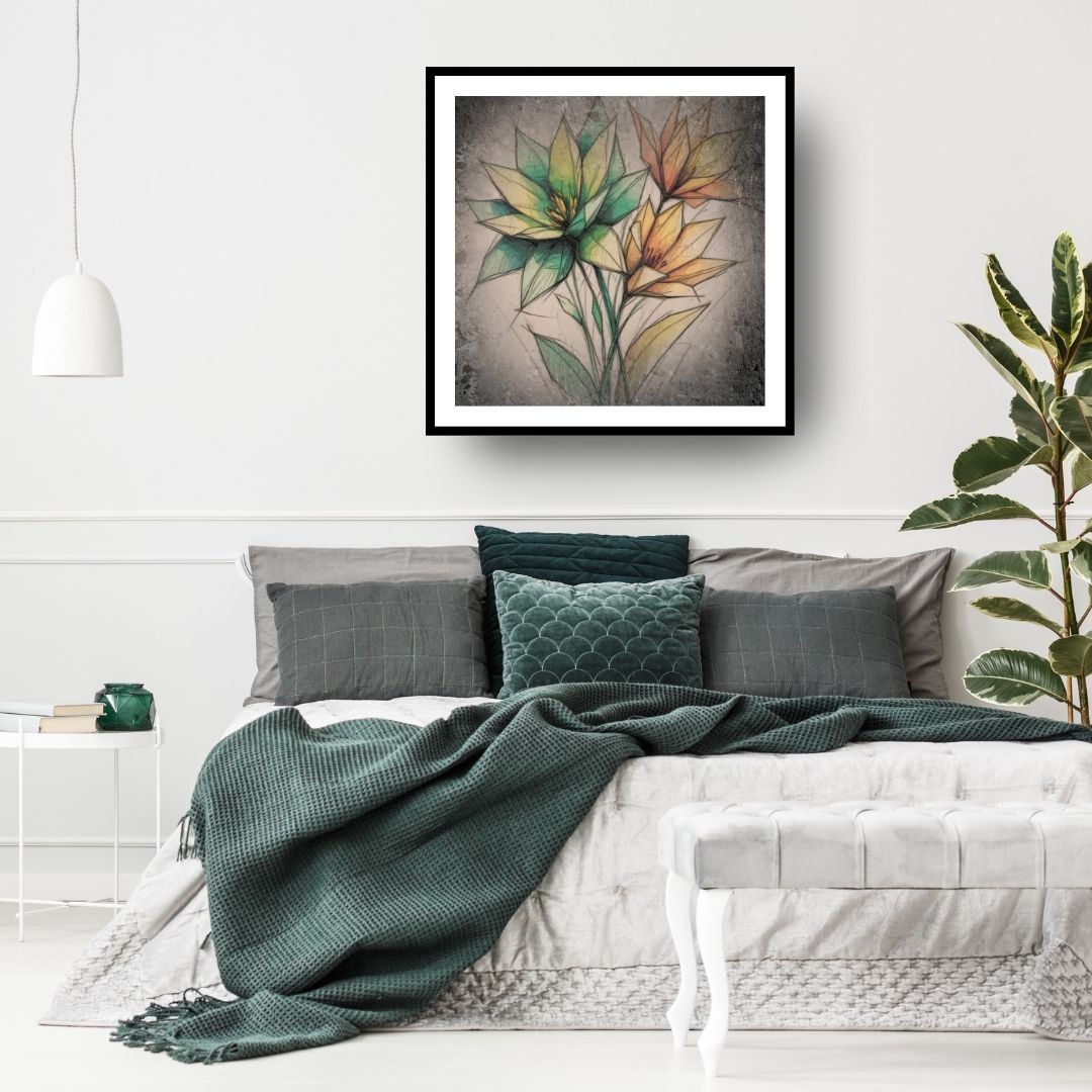 Square framed Abstract Botanical Wall Art print featuring a bouquet of flowers with Pointed Geometric Petals in Yellow, Orange, and Green against a dark, textured-like background. Ideal Bohemian or Eclectic Bedroom Decor.