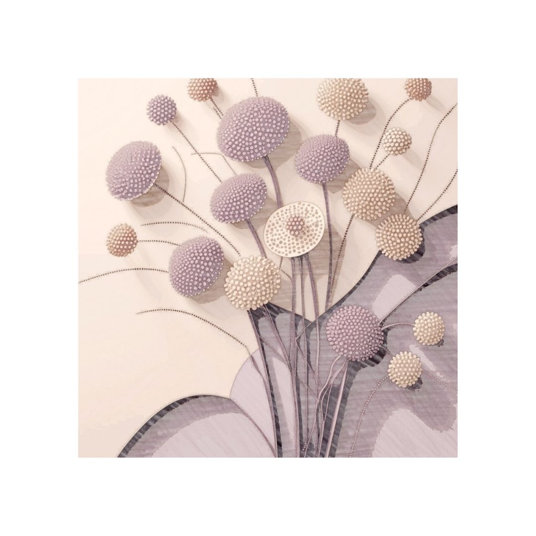 Decorative wall art with stylized floral design on a beige background