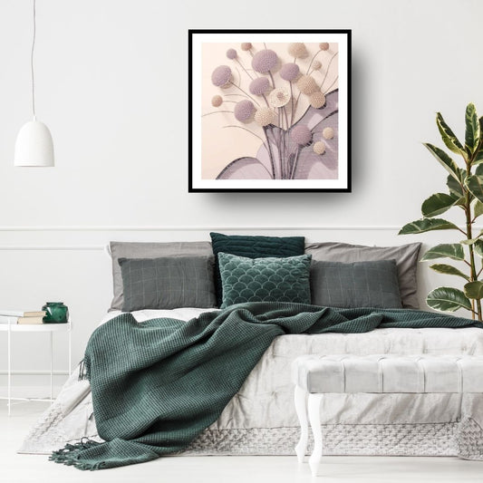 Square framed Contemporary Abstract Floral Wall Art print featuring delicate, Sculptural-like Spherical Flowers in soft, muted tones of Mauve and Beige/Pink. Ideal Tranquil Bedroom Decor or Modern Living Room accent.