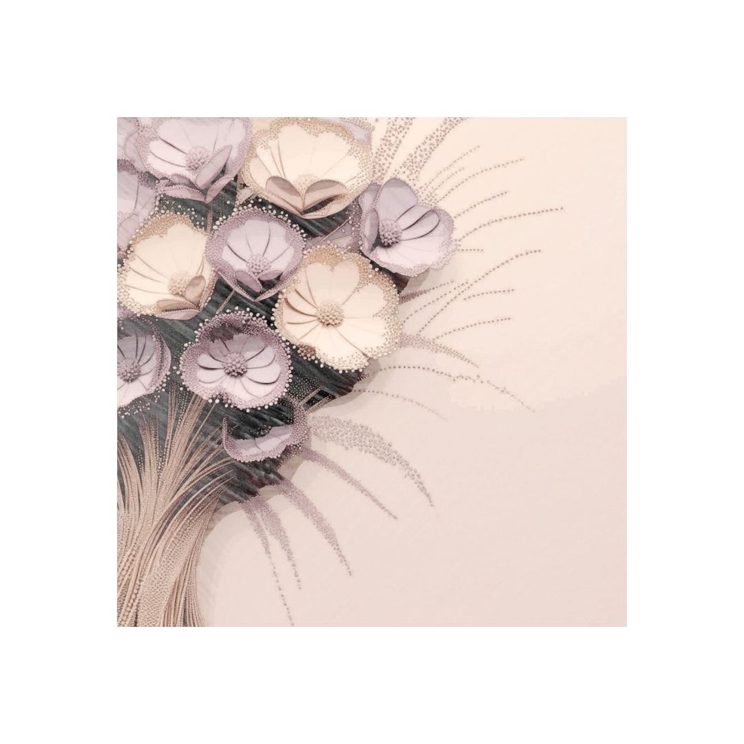 Square Contemporary Abstract Floral Wall Art featuring a bouquet of delicate, Sculptural-like Spherical Flowers in soft, muted tones of Mauve and Blush Pink. Ideal Tranquil Bedroom Decor or Modern Living Room accent.