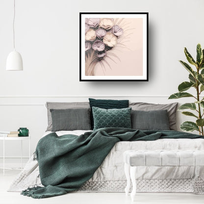 Square framed Contemporary Abstract Floral Wall Art print featuring a bouquet of delicate, Sculptural-like Spherical Flowers in soft, muted tones of Mauve and Blush Pink. Ideal Tranquil Bedroom Decor or Modern Living Room accent.