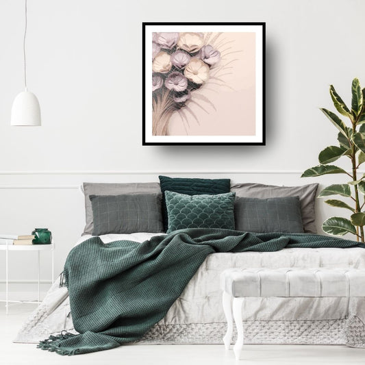 Square framed Contemporary Abstract Floral Wall Art print featuring a bouquet of delicate, Sculptural-like Spherical Flowers in soft, muted tones of Mauve and Blush Pink. Ideal Tranquil Bedroom Decor or Modern Living Room accent.