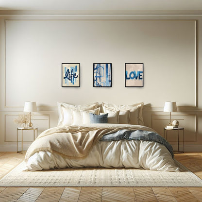 Modern bedroom with a bed, nightstands, and wall art displaying 'Life' and 'Love'.
