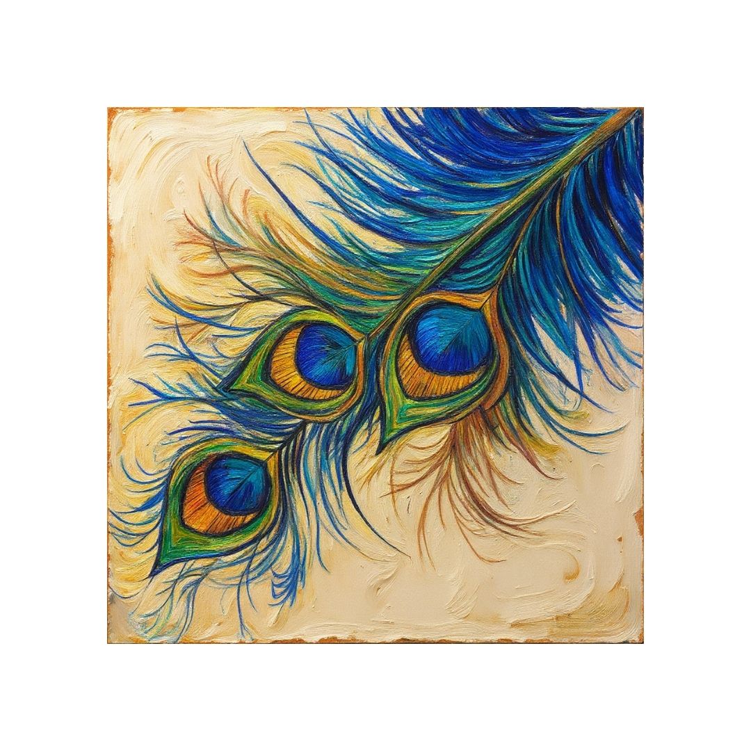 Artistic depiction of peacock feathers on a textured background